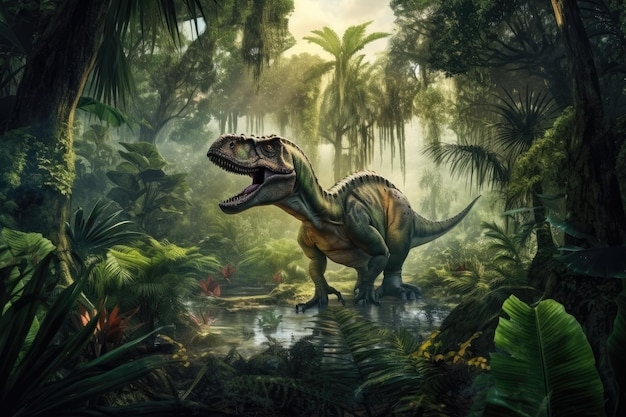 Foto tiranossauro na selva generative ai