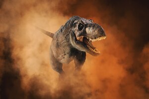 Tiranossauro t-rex, dinossauro em fundo de fumaça