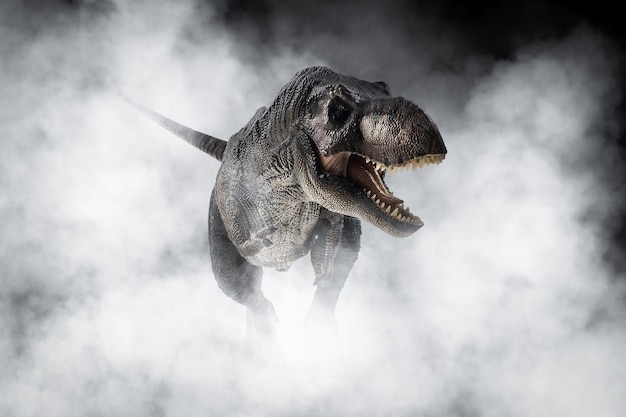 Tiranossauro T-rex, dinossauro em fundo de fumaça