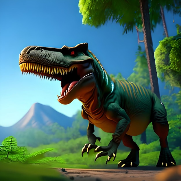 Tiranossauro T rex personagem de desenho animado de dinossauro na floresta Animal engraçado ilustração 3d