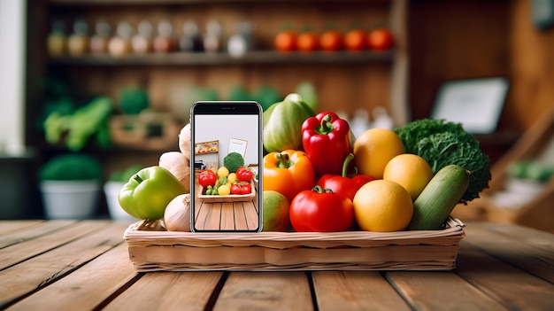 Tirar foto de vegetais e frutas no super mercado