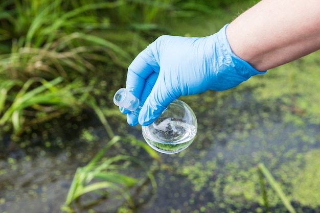 Tirar uma amostra de água em um lago para verificar a qualidade da água