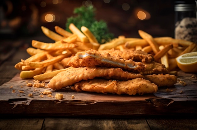 Tiras de peixe fritas crocantes com batatas fritas na mesa de madeira rústica gerada por IA