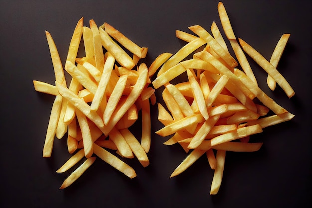 Tiras finas e apetitosas de batatas fritas douradas dobradas em uma grande pilha