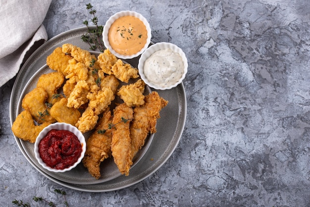 Tiras de nuggets de pollo y bocados