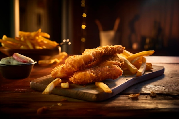 Tiras de pescado frito crujiente con papas fritas en una mesa de madera rústica generada por IA