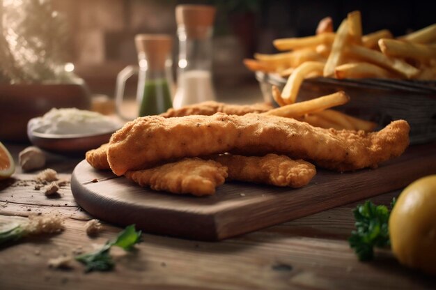 Tiras de pescado frito crujiente con papas fritas en una mesa de madera rústica generada por IA