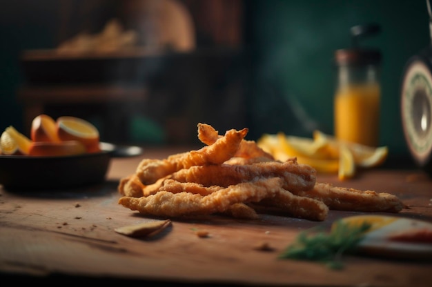 Tiras de pescado frito crujiente con papas fritas en una mesa de madera rústica generada por IA