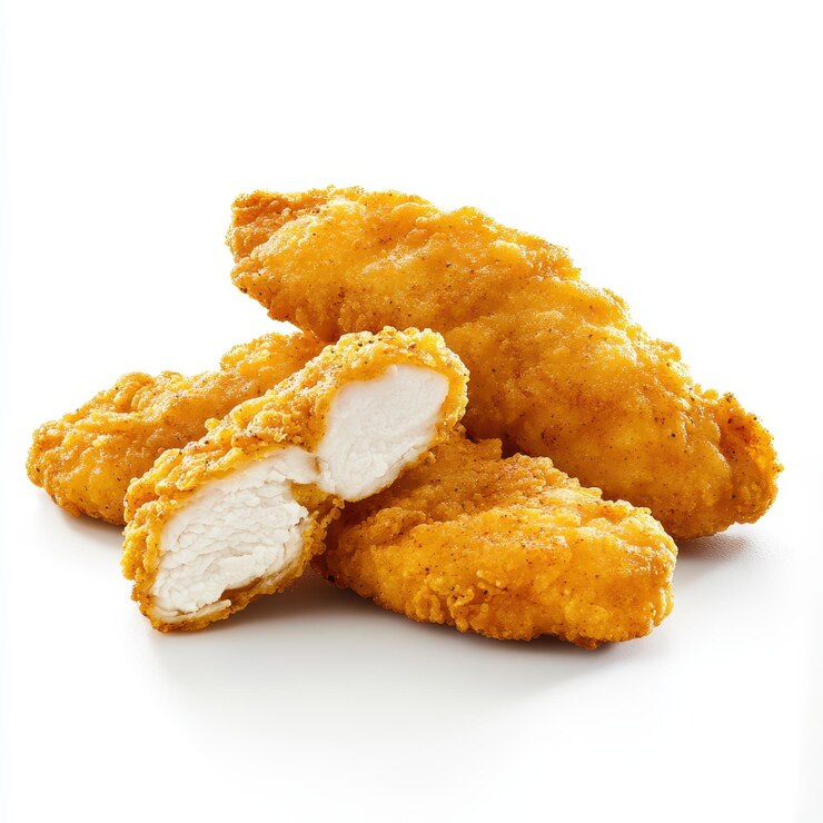 Las tiras de pollo crujientes con recubrimiento marrón dorado que muestran el interior de la carne blanca tierna Perfecto para bocadillos o como opción de comida estas tiras son deliciosas y satisfactorias