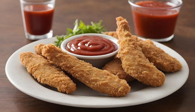 Las tiras de pollo en pan con ketchup de tomate