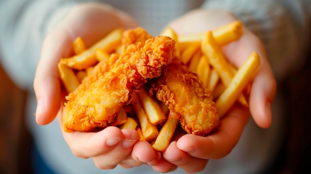 tiras de pollo y papas fritas en las manos enfoque selectivo