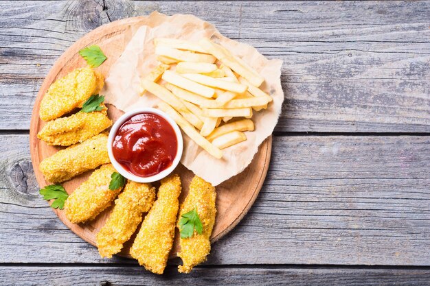 tiras de pollo y patatas fritas sobre fondo de madera rústica