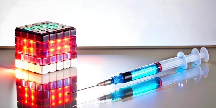 Foto las tiras de prueba de glucosa en sangre holográficas en 3d y el concepto de jeringa de insulina como una imagen elegante y moderna