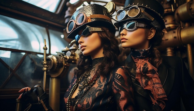 Foto tire fotos de modelos vestidos com roupas inspiradas no steampunk