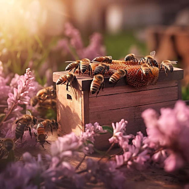 Tire uma foto em close de uma colméia com abelhas operárias zumbindo ocupadas coletando néctar
