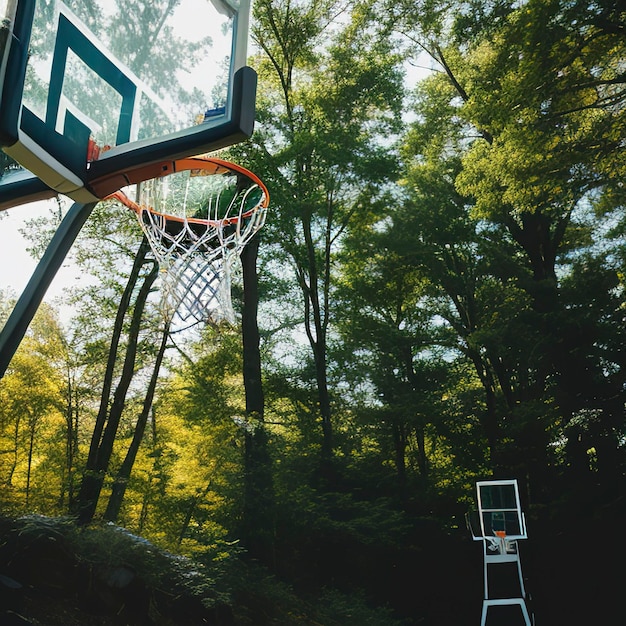 El tiro de acción del baloncesto cae a través del aro de baloncesto y la red en el fondo de la naturaleza