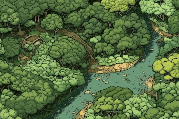 Foto tiro aéreo acima de uma floresta de uma cena ribeirinha