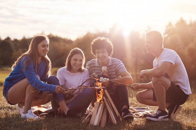 Tiro al aire libre de mejores amigos felices reunidos para hacer un picnic, preparar malvaviscos en llamas