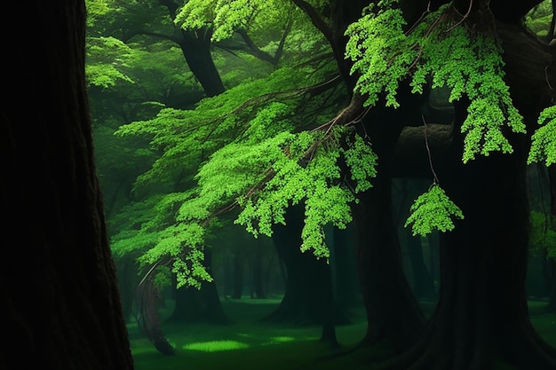 tiro de ángulo bajo de un hermoso árbol alto grande en un bosque con hojas gruesas y ramas