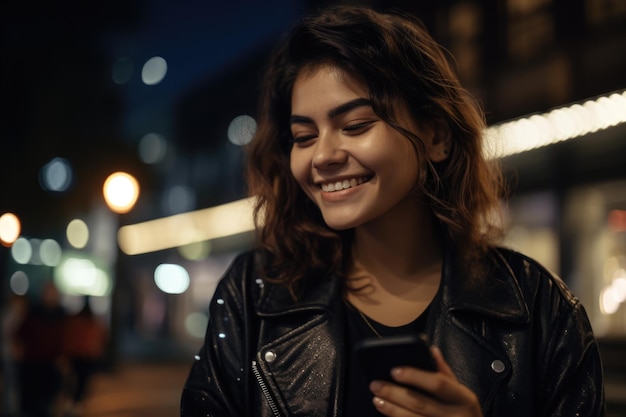 Tiro de ángulo bajo de una joven mujer hispana mexicana con ropa de moda usando un teléfono móvil con el fondo de la calle urbana de la ciudad por la noche AI generativo AIG18