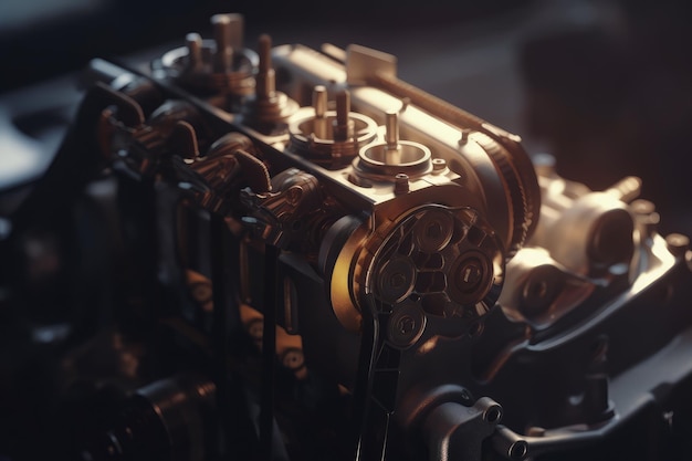 Tiro cinematográfico de um conjunto de motor de carro em luz quente mostrando a complexidade