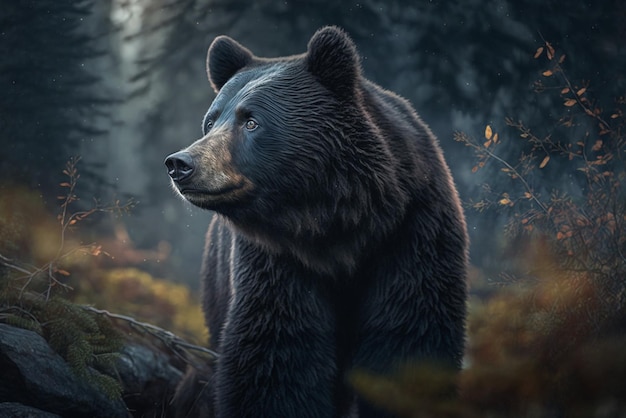 Tiro cinematográfico de um urso poderoso vagando na floresta exuberante