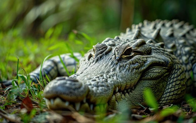 Un tiro de un cocodrilo en reposo encarnando el comportamiento paciente de un hábil depredador de emboscada