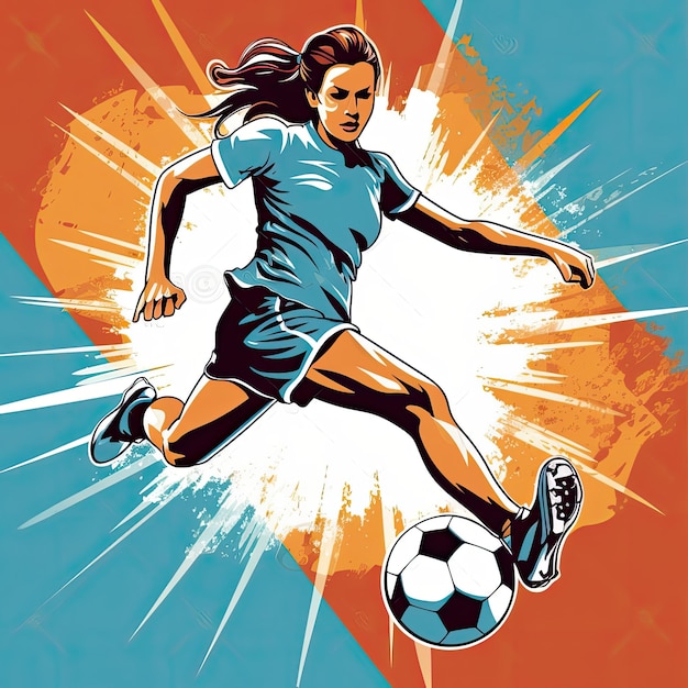 Tiro completo cabe mulher chutando futebol, arte vetorial plana gerada por IA