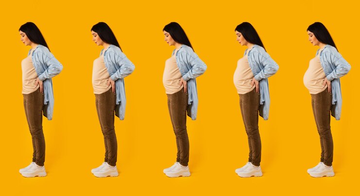 Foto tiro completo da mulher com diferentes estágios de gravidez em pé sobre a colagem de vista lateral de fundo amarelo do estúdio