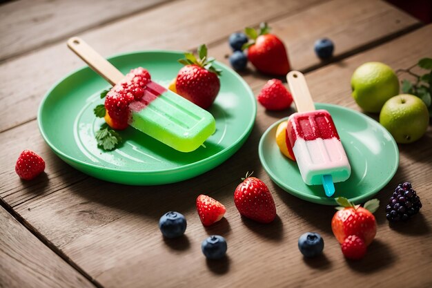 Foto tiro de alto ângulo de dois deliciosos sorvetes com frutas em um prato verde em uma mesa de madeira