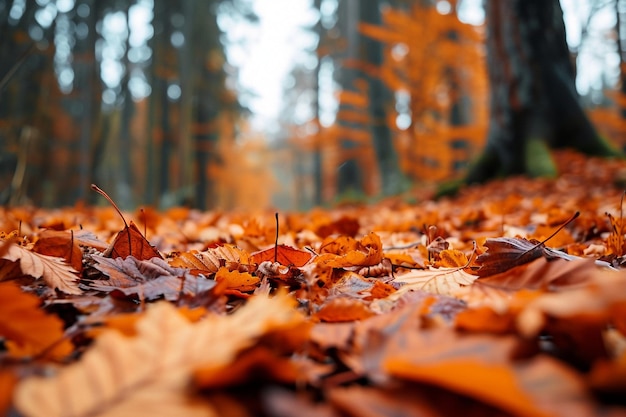 Tiro de alto ângulo de folhas de outono no chão da floresta com árvores