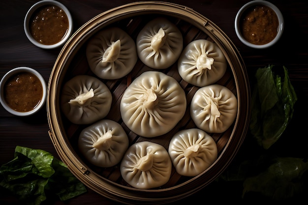 Tiro de alto ângulo Hmong Xiao Long Bao