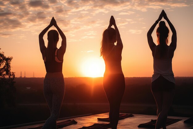 Tiro de amigos de ioga praticando em um grupo ao pôr do sol criado com generative ai