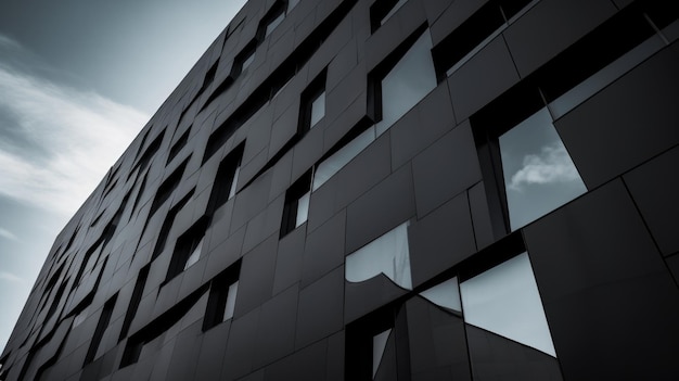 Tiro de ângulo baixo de um edifício moderno criativo escuro com reviravoltas arquitetônicas pendentes Generative AI AIG21
