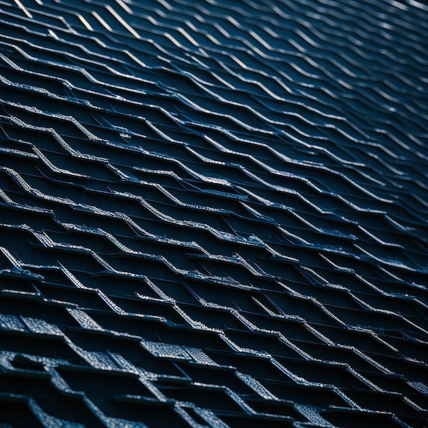 Tiro de ângulo baixo de um telhado de prédio cinza e branco com texturas interessantes sob o céu azul