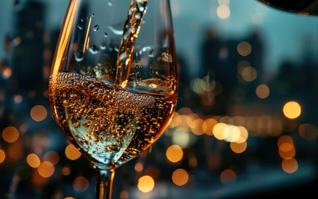 Foto tiro de champanhe sendo derramado em um copo com um fundo de paisagem urbana