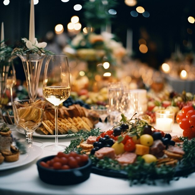 Tiro de detalhe super amplo de comida e vinho servidos