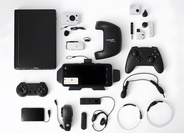 Foto tiro de estilo knolling de gadgets de videogame em fundo branco