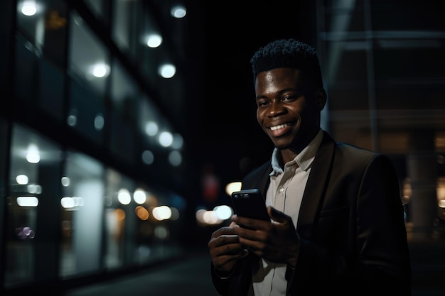 Tiro de grande angular de um jovem empresário africano-americano executivo usando telefone celular com fundo de prédios de escritórios modernos à noite Generative AI AIG18