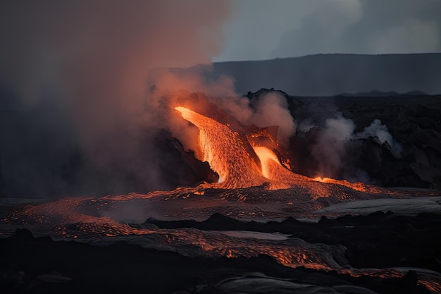 Tiro de lava derretida fluindo de uma abertura vulcânica com fumaça e cinzas no ar