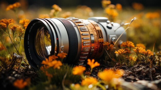 Foto tiro de lente de telefoto descansando em um campo de flores silvestres