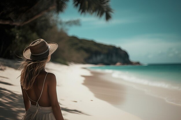Tiro de mulher em uma praia tropical