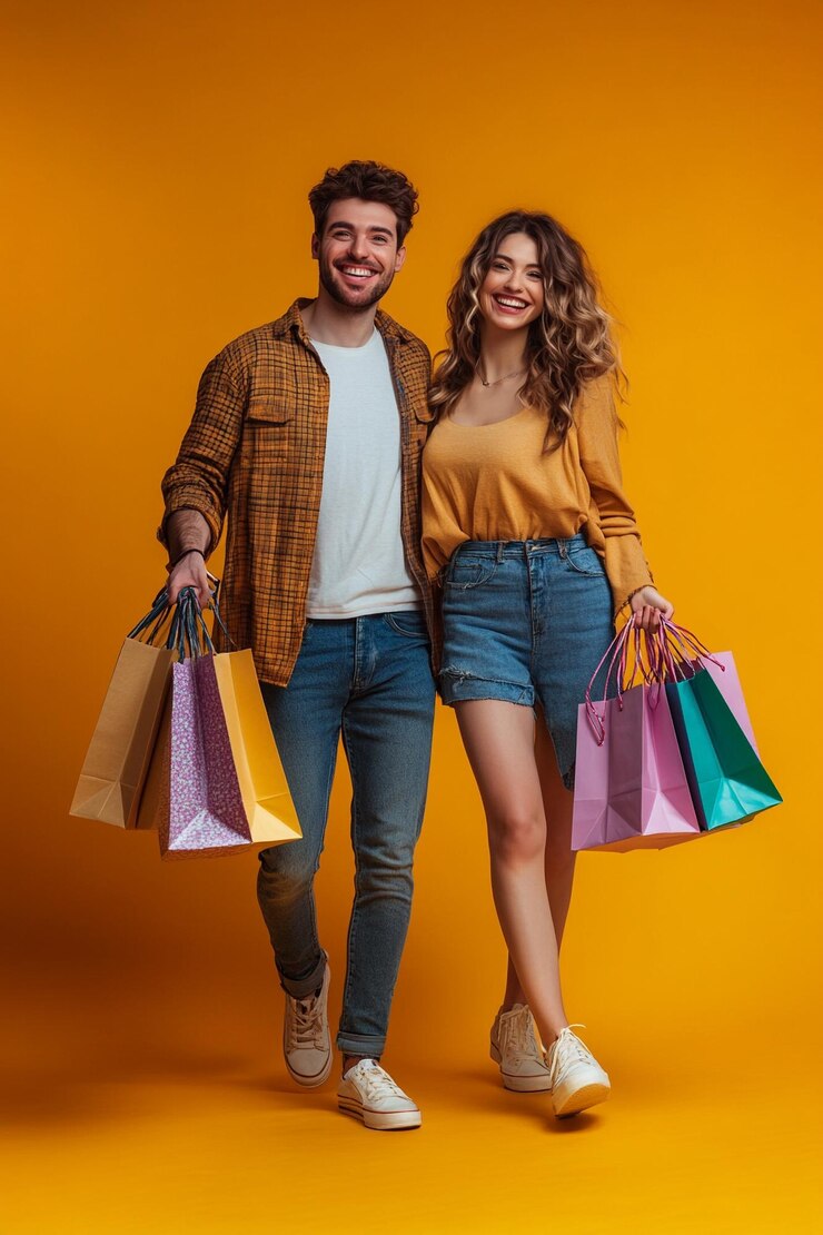 Foto tiro de nível ocular de um casal caminhando carregando sacos de compras felizmente olhando para a câmera com um grande ha
