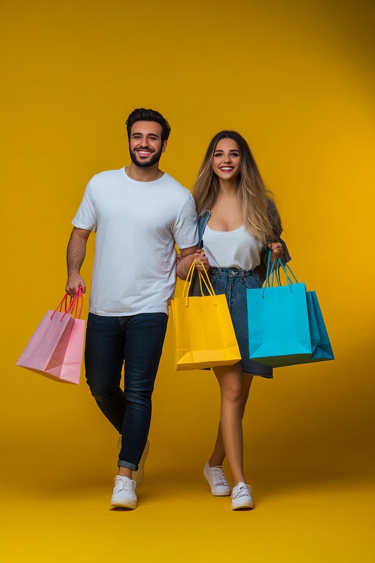 Foto tiro de nível ocular de um casal caminhando carregando sacos de compras felizmente olhando para a câmera com um grande ha