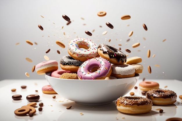 Tiro de realidade de donuts voando em uma tigela cheia de donuts