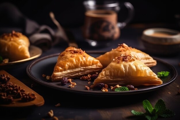 Tiro de sobremesa tradicional do Ramadã como Baklava ou Qatayef em prato IA generativa