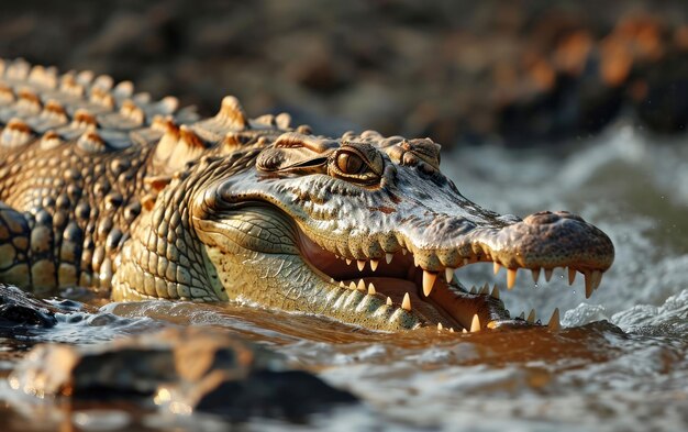 Foto tiro de um crocodilo com mandíbulas agapadas