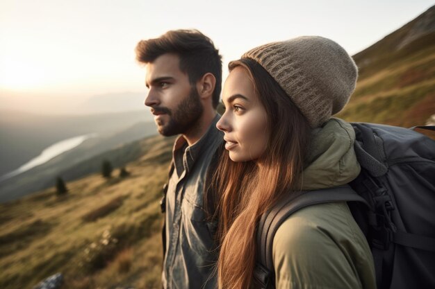 Tiro de um jovem casal caminhando nas montanhas juntos criado com generative ai