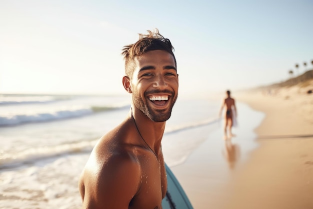 Foto tiro de um jovem feliz prestes a surfar na praia criado com ia generativa