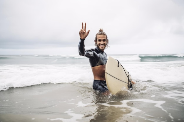 Tiro de um jovem mostrando polegares para cima enquanto pratica surf criado com IA generativa